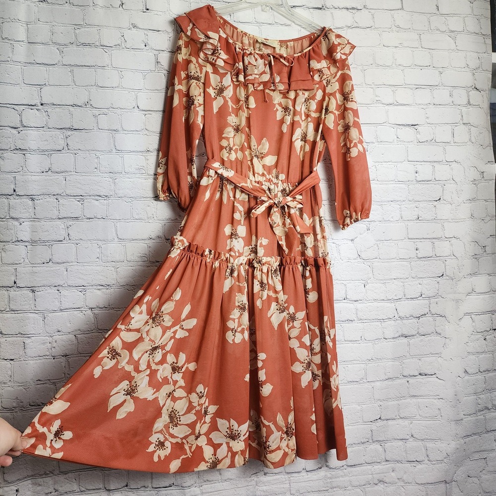 R&K Originals Vintage 90s Boho Floral Tiered‎ Midi Dress Rust Beige M L